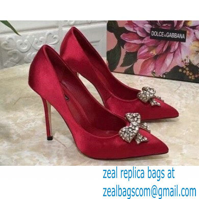 Dolce & Gabbana Heel 10.5cm Satin Pumps Red with Crystal Bow 2021 - Click Image to Close
